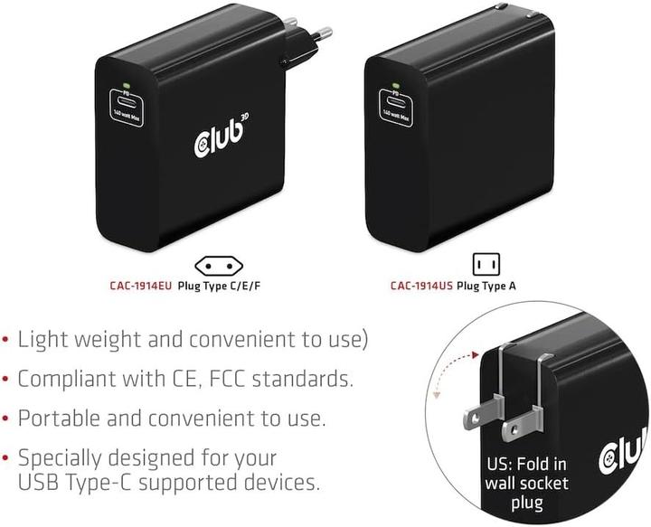 Productafbeelding Club 3D Club3D Lader 1xUSB Type C, PD 140W detailhandel (140 W, 1 portie)