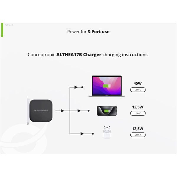 Produktbild Conceptronic Ladegerät 3Port 67W,2xUSB-C,3-in-1 USB-A PD sw (67 W, 3 Ports)