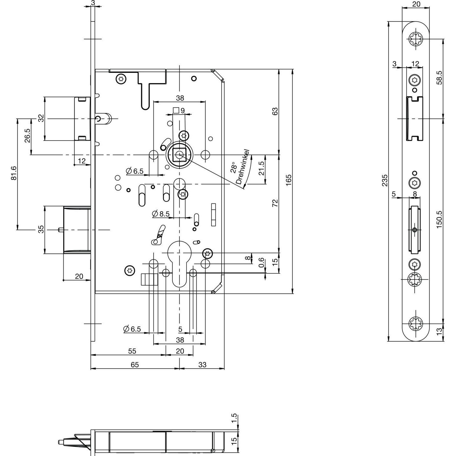 BKS, Türschloss + Schliesszylinder, Fluchttürschloss B-23210-06-R-8 2-flg. Funktion B, Rundstulp 20,PZ 80 rechts