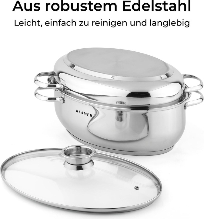 Produktbild KLAMER Edelstahl Bräter mit Deckel 38 cm, backofengeeignet, 8.5L mit 4L Deckelpfanne, für alle Herdarten (38 cm, Bräter + Schmortopf, Edelstahl)