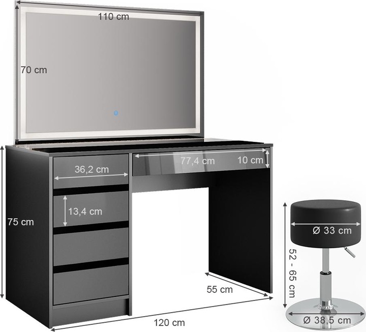 Produktbild Vicco Sherry mit Hocker und Beleuchtung (120 x 55 x 75 cm)