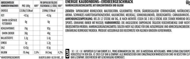 Valeurs nutritives et ingrédients Clif Bar Bloks Fraise (Fraise, 18 pcs, 1080 g)