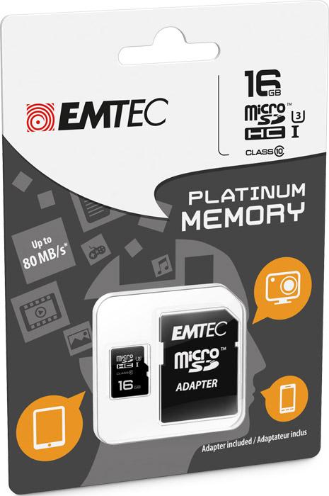 Productafbeelding Emtec 16GB microSDHC Platinum UHS-I Klasse 10 (16 GB, microSDHC, U3, UHS-I)