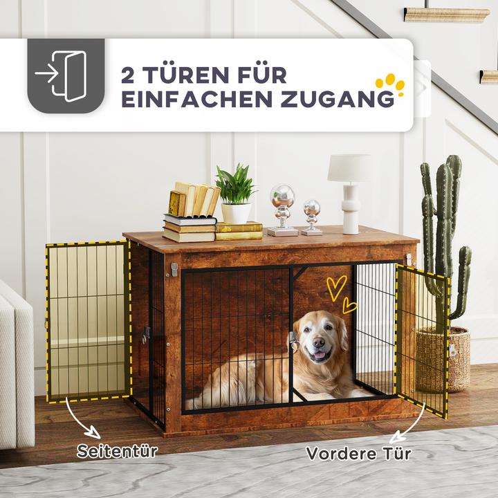 Produktbild PawHut Hundekäfig Spanplatte, Stahl Rustikal-Braun (Hundehütte)