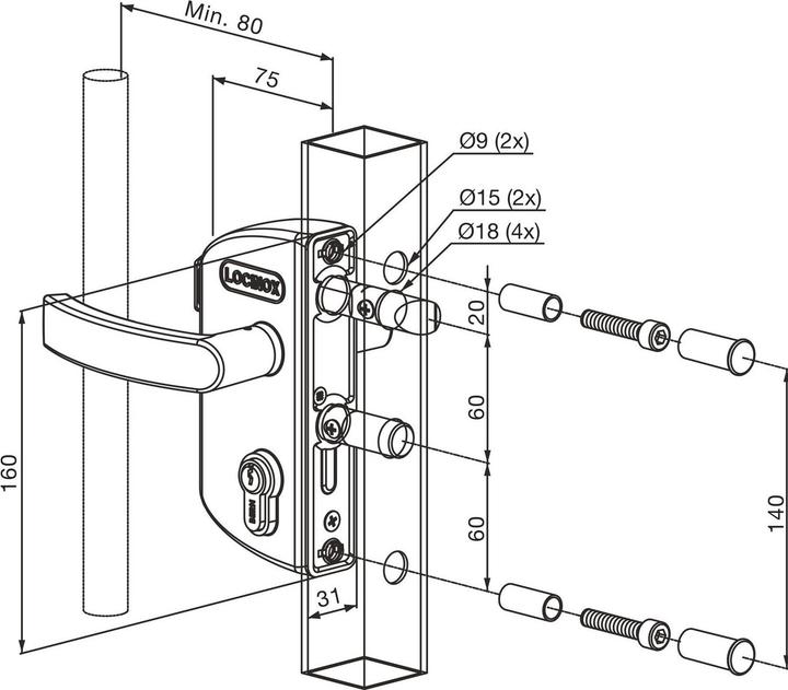 Produktbild Locinox Gittertorschloss LAKZ4040 P1L, für 40 mm Vierkantrohr, Aluminium RAL7040 (1 Stk.)