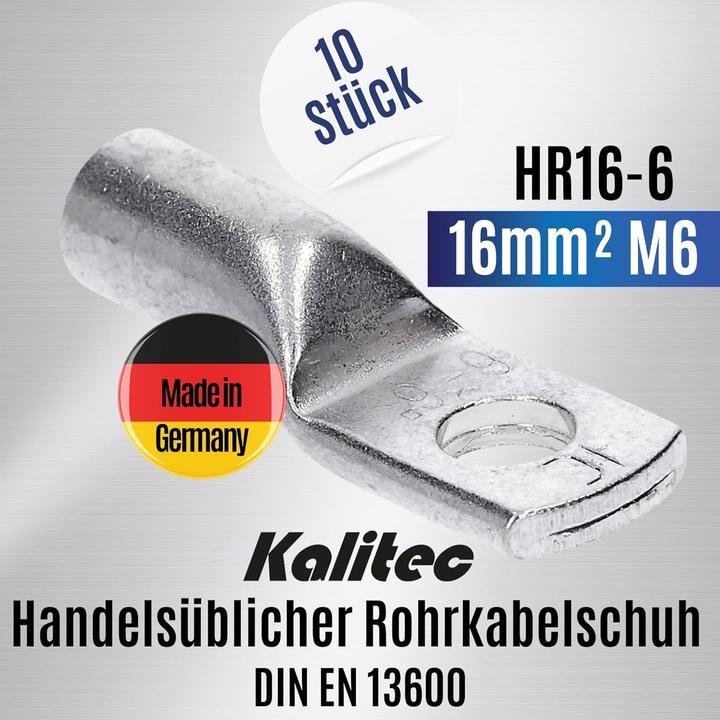 Produktbild Kalitec 10 Stück HR16-6 Handelsübliche Rohrkabelschuhe 16mm² M6 I ohne Sichtloch I Made in Germany
