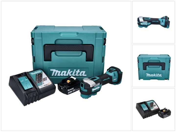 1x Makita DTM 52 cordless multifunction tool, 1x Makita BL 1830 B 18 V 3.0 Ah battery, 1x Makita DC 18 RC battery charger, 1x Makita Makpac, 1x universal insert