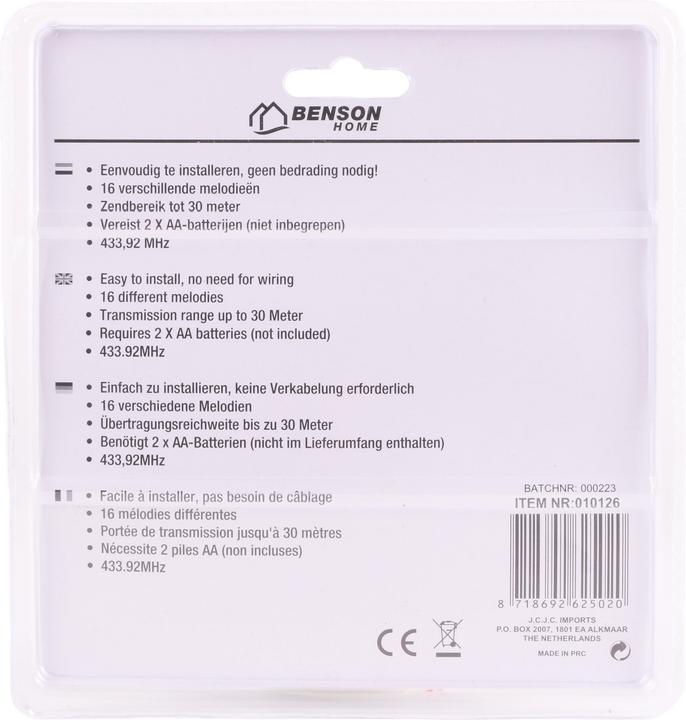 Image du produit Benson Home Sonnette sans fil 16 tunes compact (Funk)