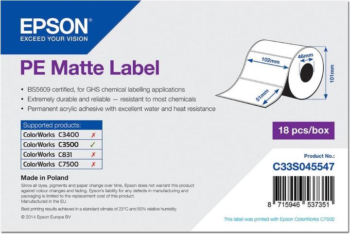 Epson PE mat label 102 mm x 51 mm (5.10 cm)