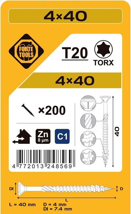 Produktbild Forte tools CHIPBOARD SCR T20 4.0X40 WHITE ZN(200) (200 Schrauben pro Stück)