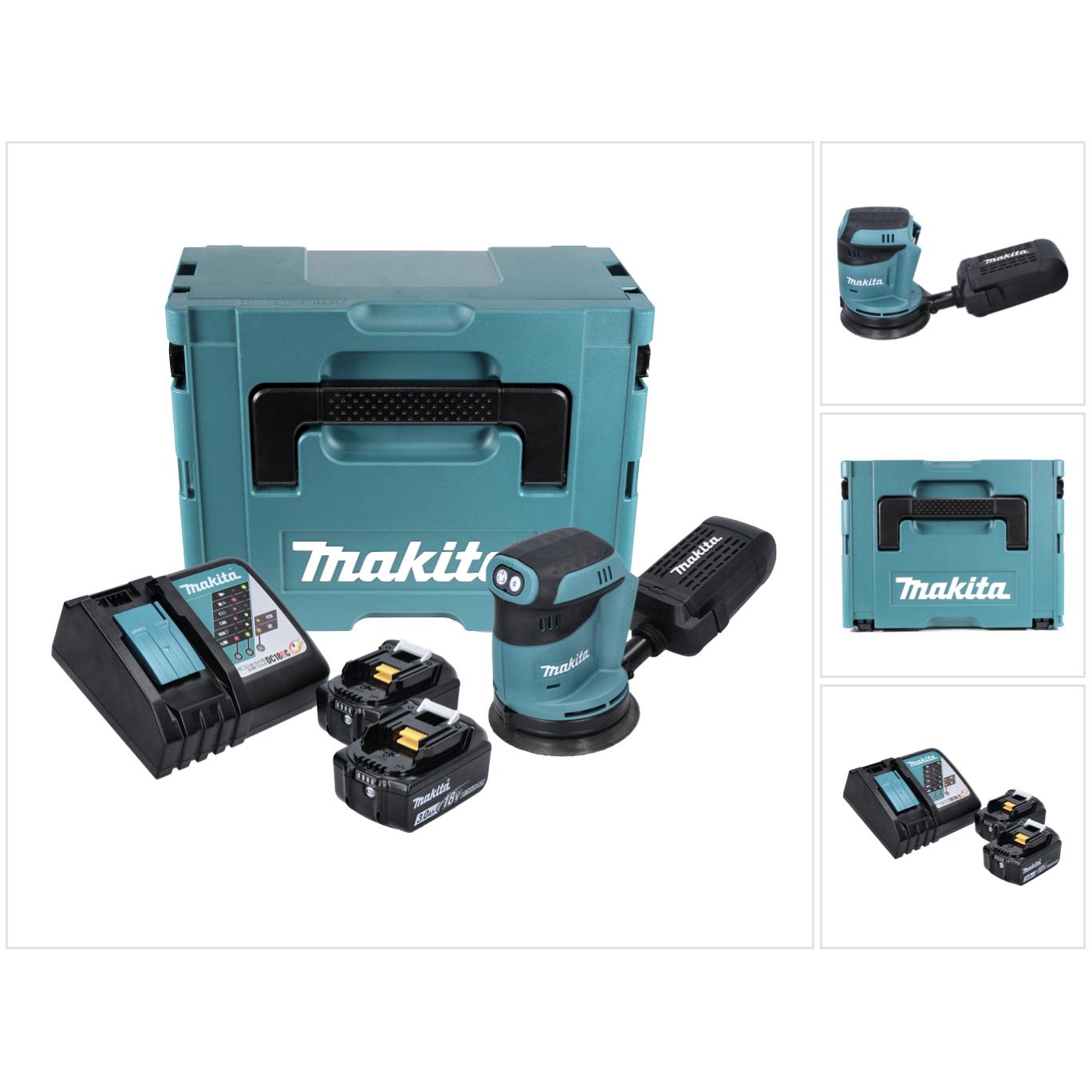Makita, Schleifmaschine + Poliermaschine, DBO 180 RFJ Akku Exzenterschleifer 18 V 125 mm + 2x Akku 3,0 Ah + Ladegerät + ...