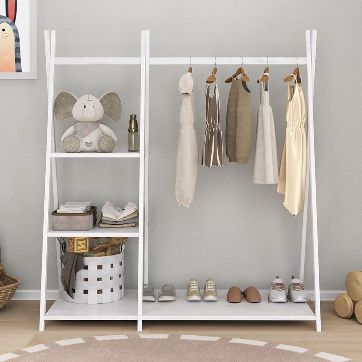 IDIMEX Kindergarderobe LOTTE 1 Kleiderstange & 4 Ablageböden aus Massivholz – Weiss (108 x 47 x 115 cm)