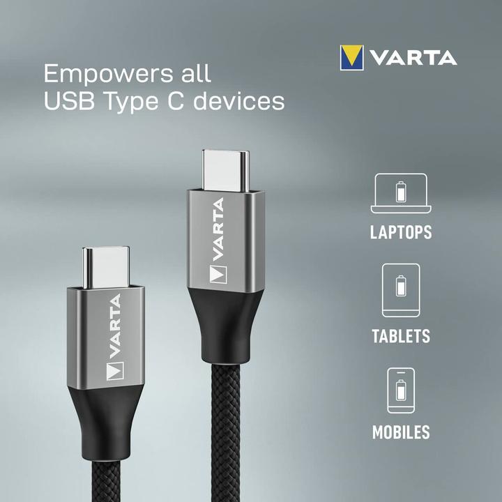 Actual product image Varta Speed Charge & Sync Cable USB Type C to USB Type C (2 m, USB 3.1, 100 W)