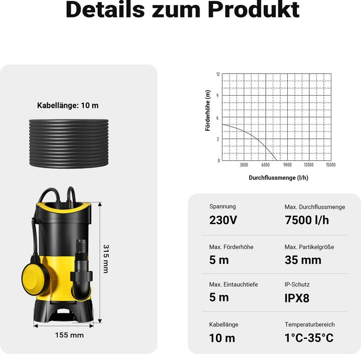 Produktbild Wiltec Schmutzwasserpumpe 7500l/h 400W Abwasserpumpe Tauchpumpe Fäkalienpumpe Baupumpe (Schmutzwasserpumpe)