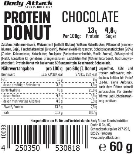 Nährwerte und Zutaten Body Attack Protein Donut (60g) (Schoko, 1 Stk., 60 g)