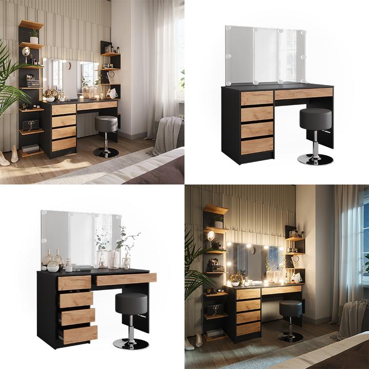 Actual product image Vicco Dressing table Sherry, Anthracite/golden oak, 120 x 75 cm with LED lighting and stool (120 x 75 x 55 cm)