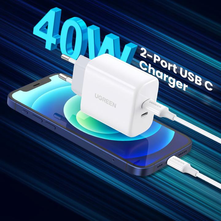 Image du produit Ugreen Chargeur mural USB-C+USB-C 40W PD UE (40 W, 2 ports)