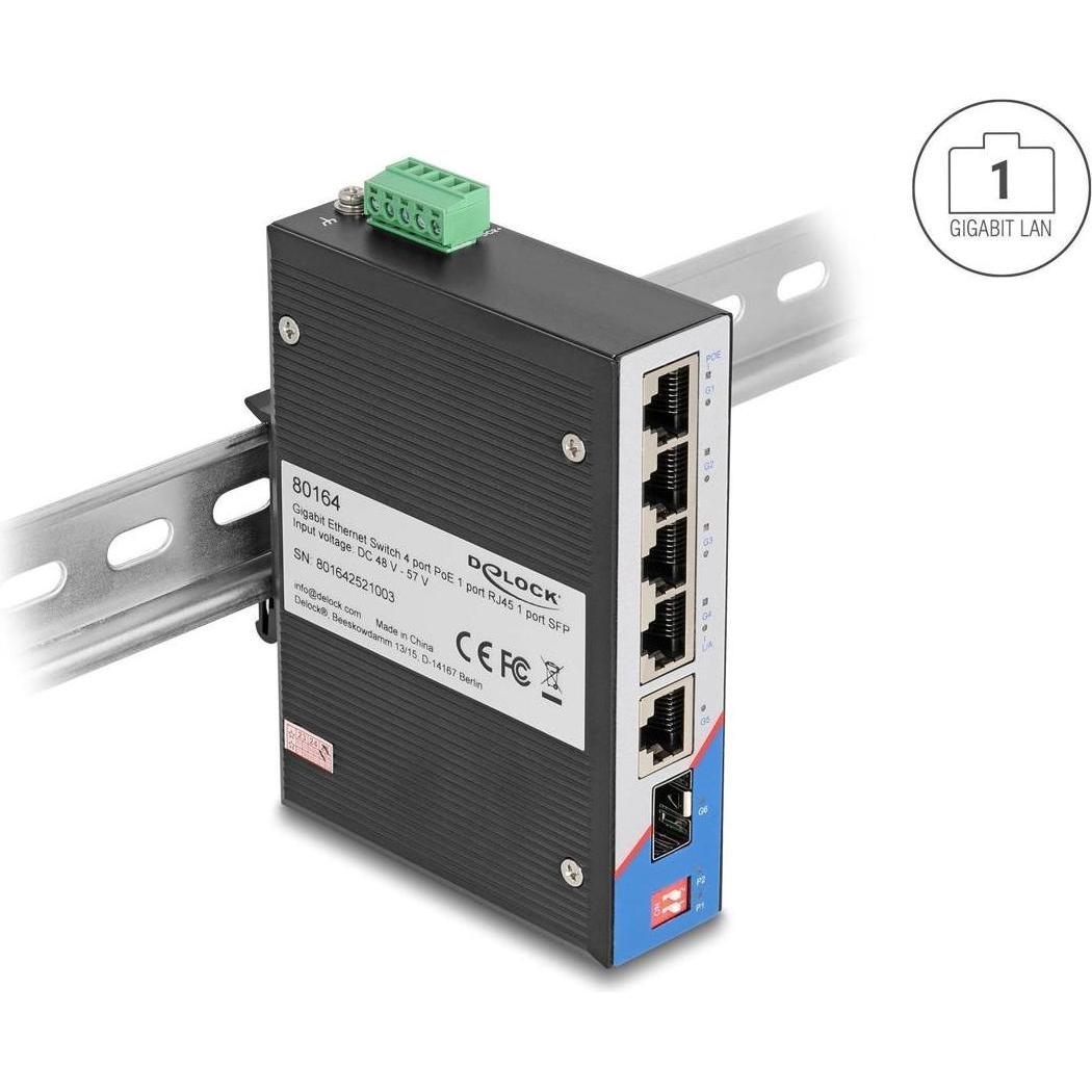 Delock Industrie Gigabit Ethernet Switch 4 Port PoE 1 Port R (5 Porti), Switch di rete, Nero
