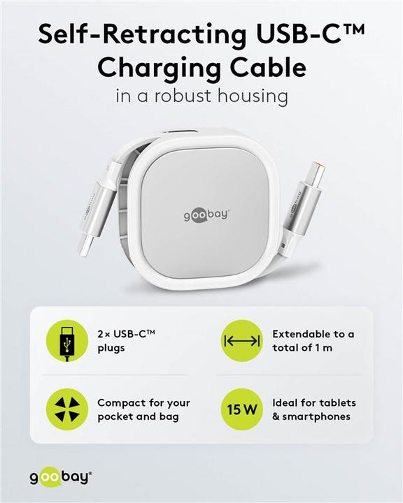 Produktbild Goobay Selbstaufrollendes USB-C-Kabel, 1 m, weisssilber (1 m, USB 2.0, 15 W)
