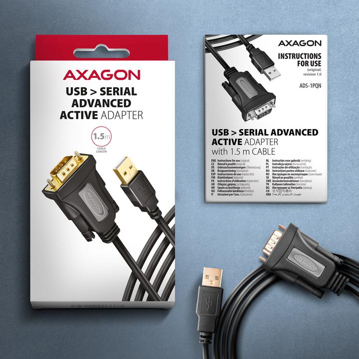 Produktbild Axagon ADS-1PQN, USB-A 2.0 - sÃ©riovÃ½ RS-232 DB9-M FTDI adaptÃ©r / kabel (1.50 m)