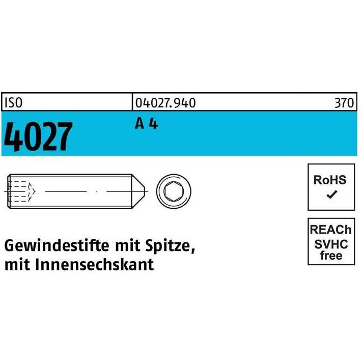 Schrauben, Gewindestift ISO 4027 Spitze/Innensechskant M 16 x 25 A 4 (10 Schrauben pro Stück)