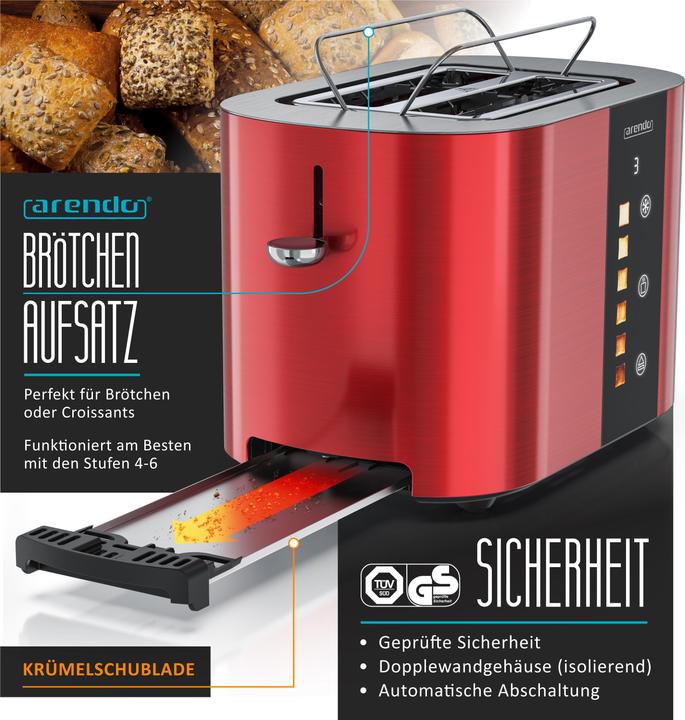 Produktbild Arendo Toaster Edelstahl 2 Scheiben Kurzschlitz, Bräunungsgrad & Restzeitanzeige, Touch Display, 800 W