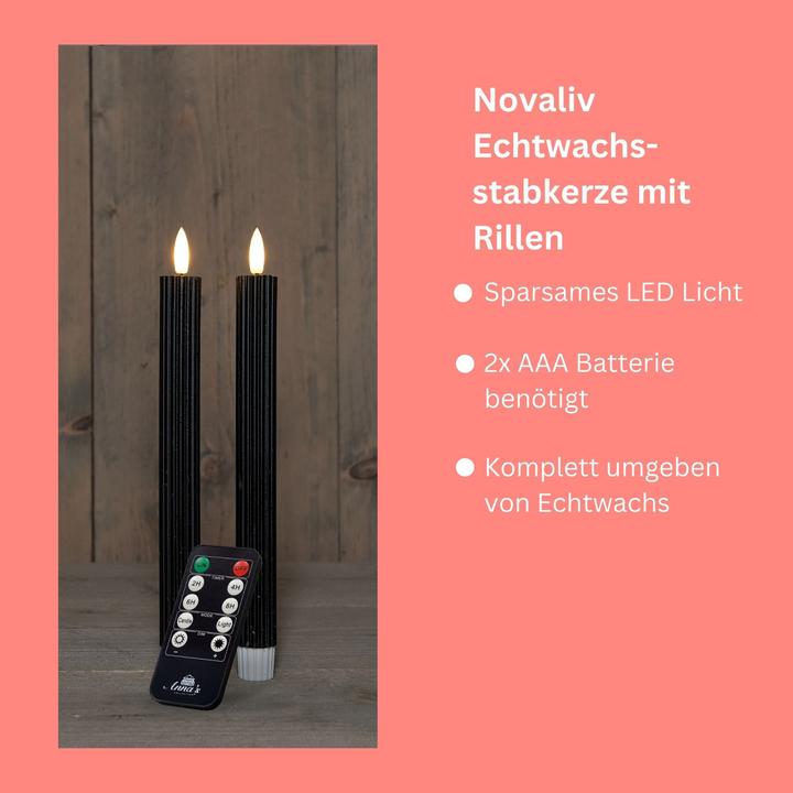 Actual product image Novaliv Stabkerzen LED mit Timer SCHWARZ 2er indoor mit Timer Funktion 6 Stunden ECHTWACHS gerippt 23cm Höhe (2 x)