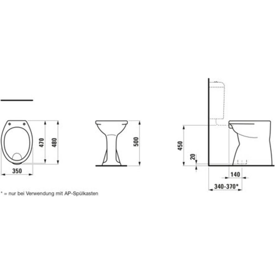 Thumbnail - Laufen, Toilette + Bidet, Albonova Stand-WC, Flachspüler, Abgang senkrecht, mit Spülrand, 480x350x500mm, H82199800000