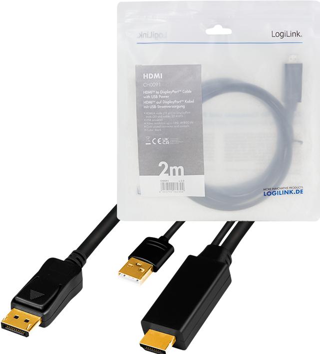 Actual product image LogiLink CH0091 HDMI cable A/M + USB-A/M to DP/M, UHD 4K/30 Hz, bw, 2 m (2 m, HDMI)