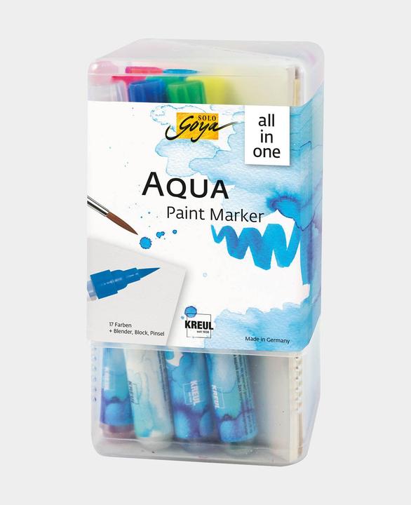 Produktbild Solo Goya Aqua Paint Marker Powerpack All-in-one (Schwarz, Hellgrau, Olivgrün, Gelbgrün, Kobaltblau, Cyan, Karmin, Indigoblau, Permanentgrün, Orange, Magenta, Citron, Zinnioberrot dunkel, Rototer Ocker, Indigo Braun Dunkel, 17 x)
