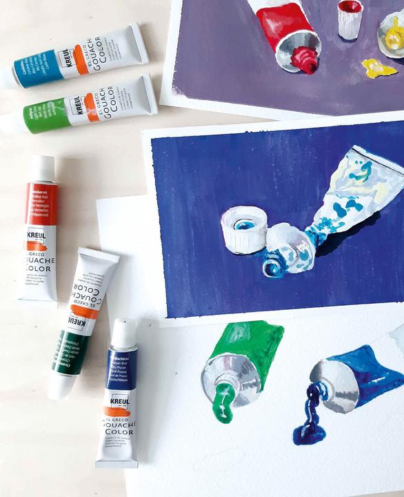 Produktbild Kreul el Greco Gouachefarben (Schwarz, Siena gebrannt, Coelinblau, Ockergelb, Chromoxidgrün, Brillantviolett, Zinnengelb, Karminrot, Preussischblau, Hellgrün, Titanweiss, Zitronengelb, 144 ml)