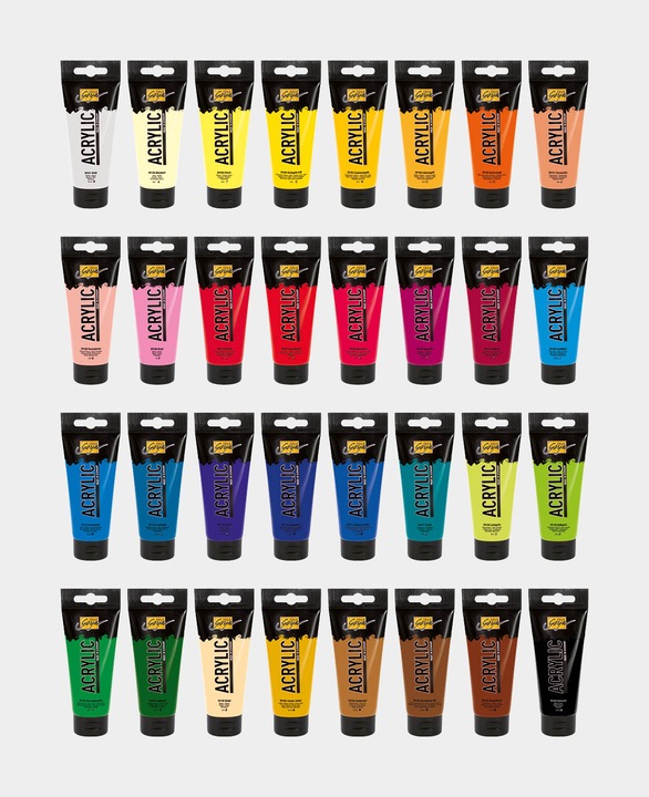 Produktbild Solo Goya Acrylic Set (Beige, Kobaltblau, Lichtgrün, Oxydbraun dunkel, Elfenbein, Laubgrün, Coelinblau, Gelbgrün, Ultramarinblau, Türkis, Violett, Echtorange, Permanentgrün, Primärblau, Dunkelbraun, Goldocker, Rosé, Terracotta, Lichtblau, Weinrot, Karminrot, Echtgelb hell, zinnoberrot, 640 ml)