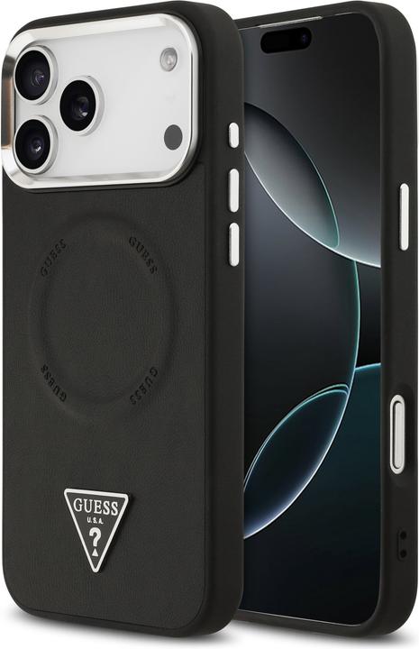 Guess Case Magsafe PU Leather Case With Triangle Logo Silver Metal Camera Frame For iPhone 17 Pro Bl (Apple iPhone 17 Pro)