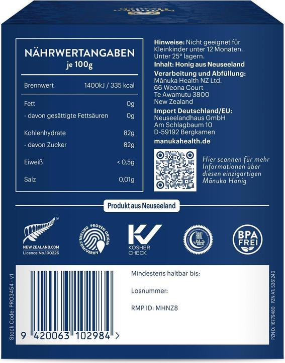 Nutritional values and ingredients Manuka Health MGO 850+ Manuka Honey 250 g (250 g)