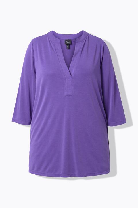 Actual product image Ulla Popken Split Neck 3/4 Sleeve Modal Blend Tee (62)