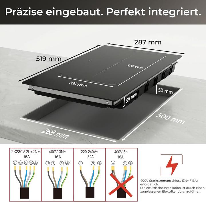 Produktbild KLAMER Induktionskochfeld 30 cm, 2 Zonen mit 1 Flexzone, 3500 Watt, Boost Funktion, 9 Leistungs… (51.90 cm, Induktionskochfeld)
