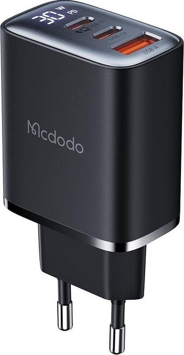 Actual product image Mcdodo CH-2180 2xUSB-C + USB-A, 30W mains charger with display (black) (30 W, 3 ports)