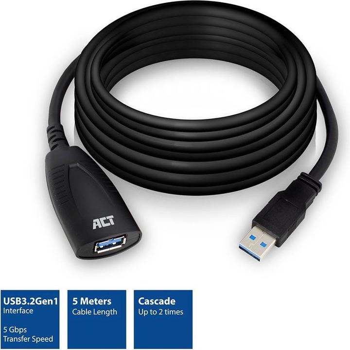 Produktbild ACT AC6105 USB Kabel 5 m 3.2 Gen 1 (3.1 Gen 1) USB A Schwarz (5 m, USB 3.2 Gen 1)