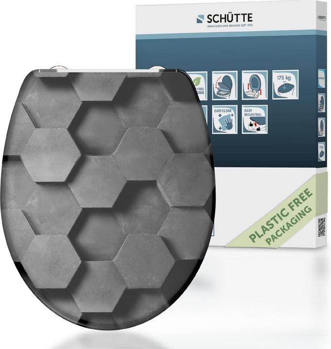 Actual product image Schütte Thermoset toilet seat WC seat GREY HEXAGONS Soft-close mechanism Quick-release fastener 82392