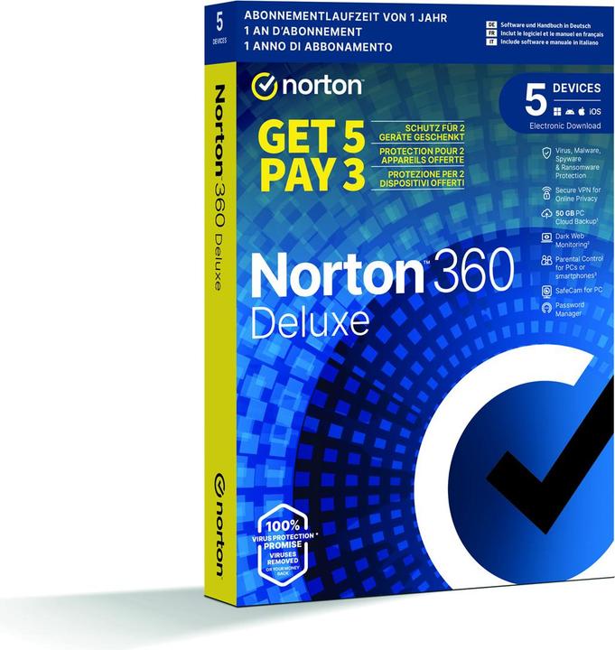 Produktbild Norton 360 Deluxe - Promotion Box, 5 Device, 1 Jahr (5 User, 12 Monate)