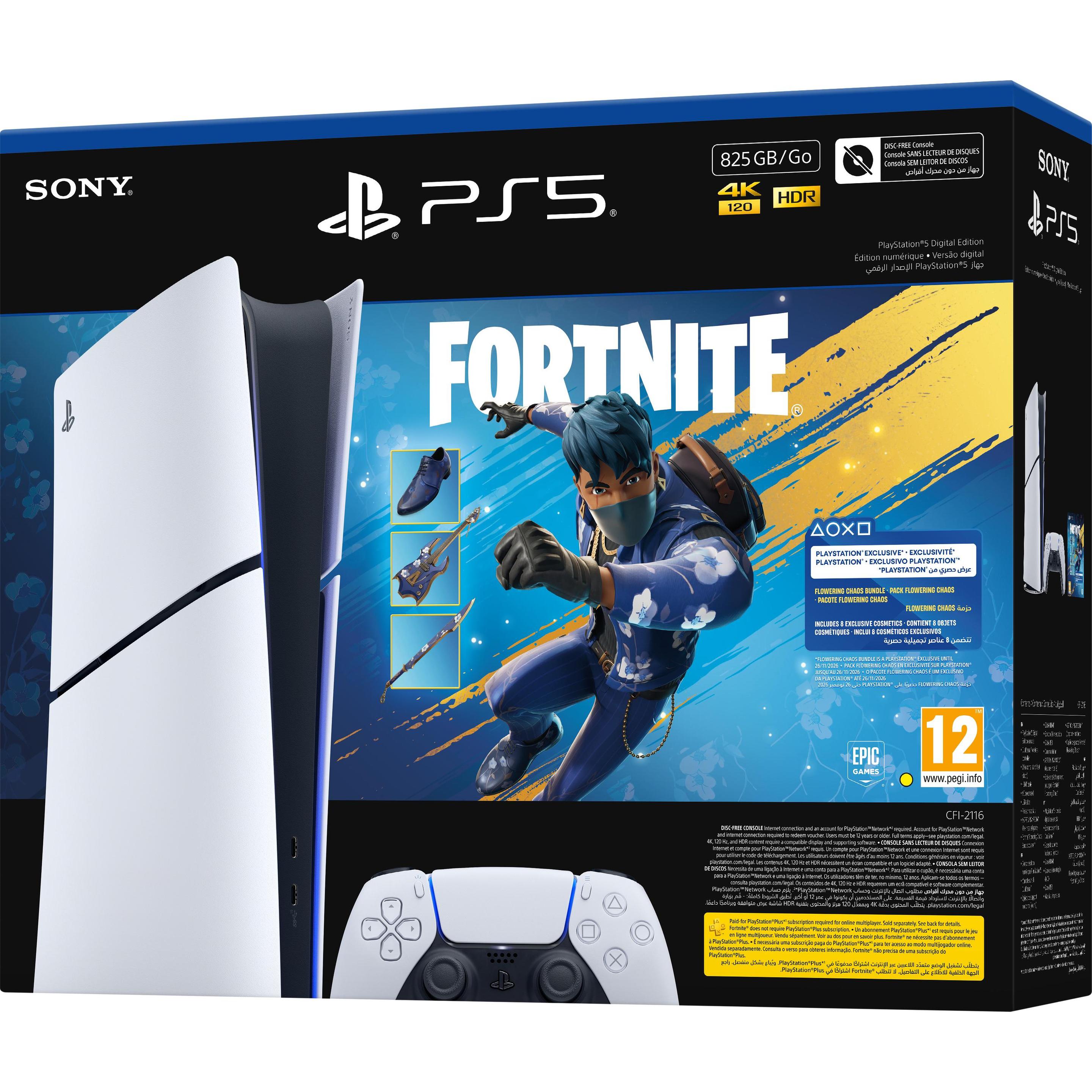 Sony PlayStation 5 Slim Digital + Fortnite Rozkwitający Chaos, Spielkonsole, Schwarz, Weiss