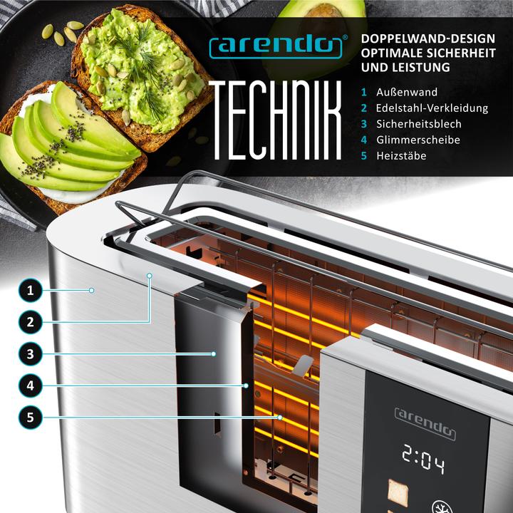 Actual product image Arendo Toaster Edelstahl 2 Scheiben Langschlitz, Touch Display, Restzeit & Bräunungsgradanzeige, 1000 W