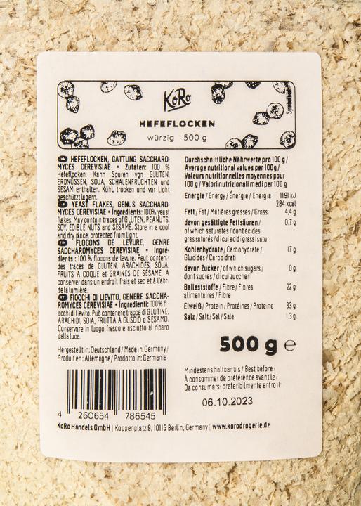 Valeurs nutritives et ingrédients KoRo Flocons de levure (500 g)