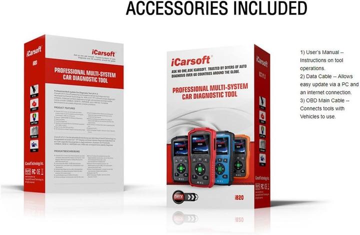 Produktbild ICarsoft OBDII/EOBD & motorcontrolelampje voor de auto, diagnostisch gereedschap I820