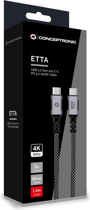 Produktbild Conceptronic Kabel USB-C 3.2 -> C PD3.0 1.20m 5A 4K60Hz sw (1.20 m, USB 3.2 Gen 2x2, 100 W)