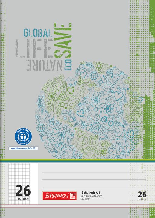Produktbild Brunnen Schulheft Recycling Lineatur 26 kariert DIN A4 Aussenrand, 16 Blatt (A4)