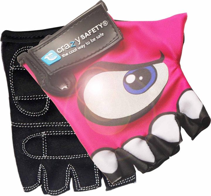 Actual product image Crazy Safety Pink kids bike gloves with reflective eyes, padded palms - Pink - Size S (S)