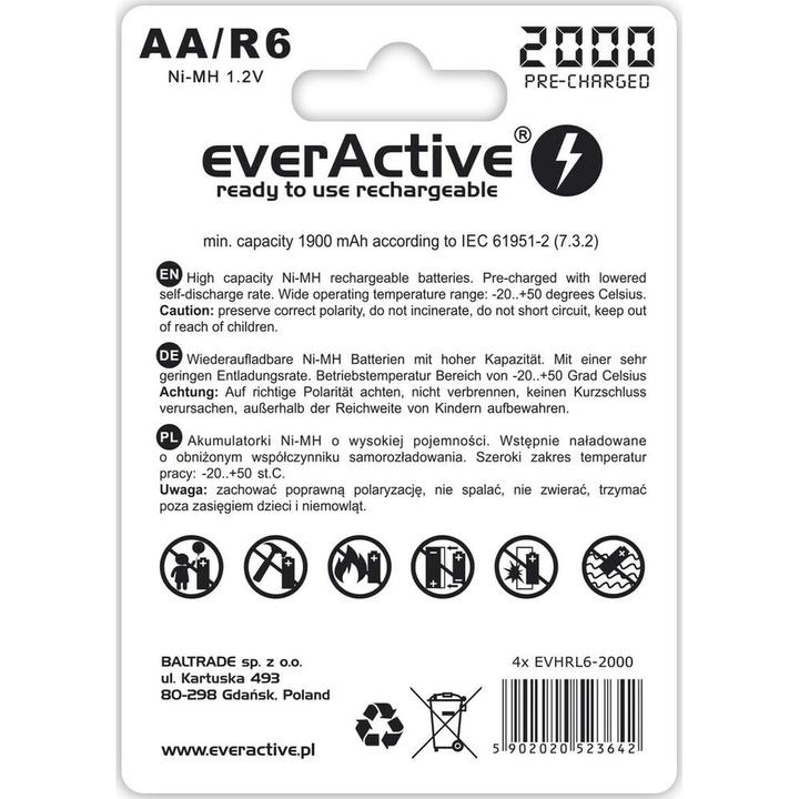 Etichetta energetica Everactive Silver Line Batteria AA da 2000 mAh pronta all'uso, 4 pezzi. (4 pz., AA / LR6 / LR06 / Mignon / R6 / R14505, 1900 mAh)