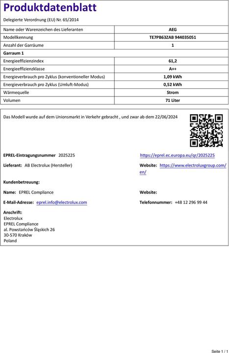 Actual product image AEG TE7PB63ZAB