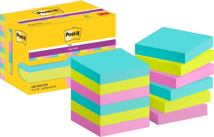Image du produit Post-it Papillons adhésifs Super Sticky Miami extra-forts, couleurs assorties 12 blocs (47,6 x 47,6 mm)